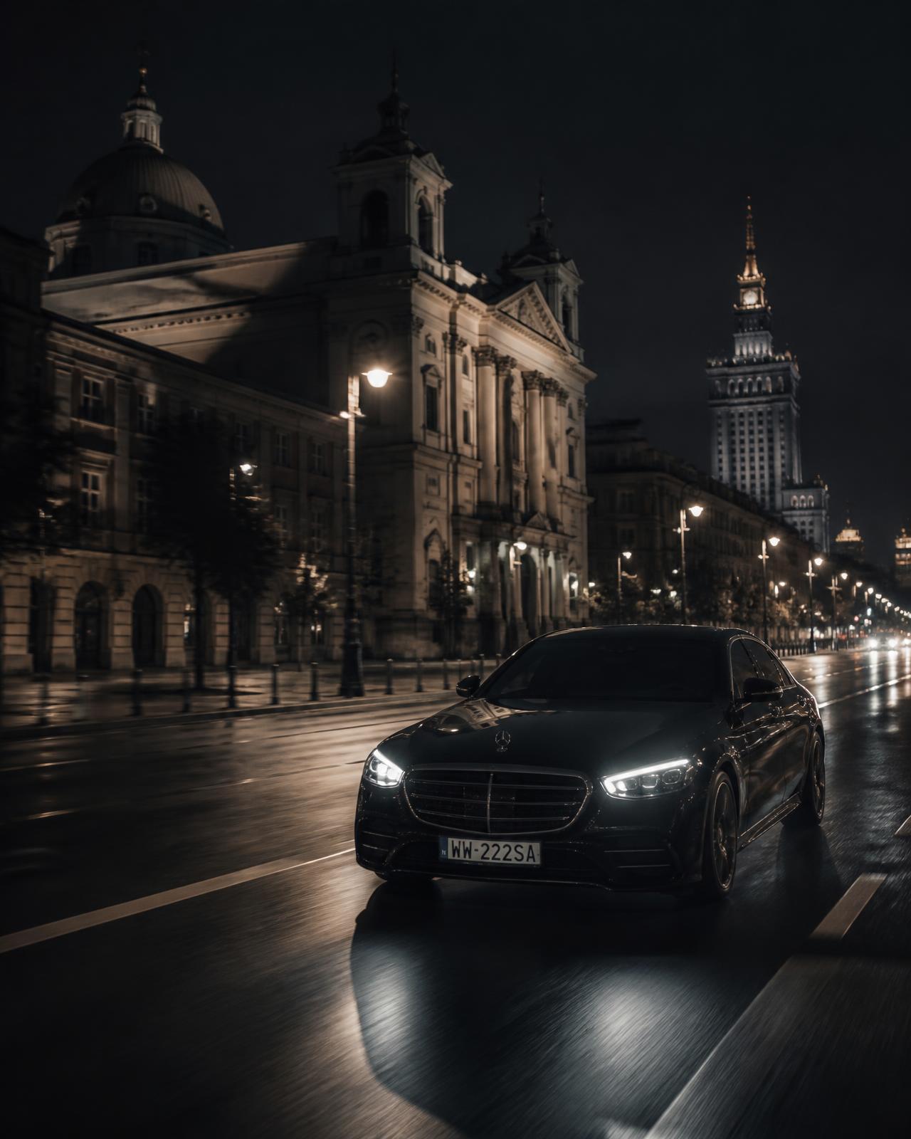 Czarna limuzyna na pustej warszawskiej alei nocą